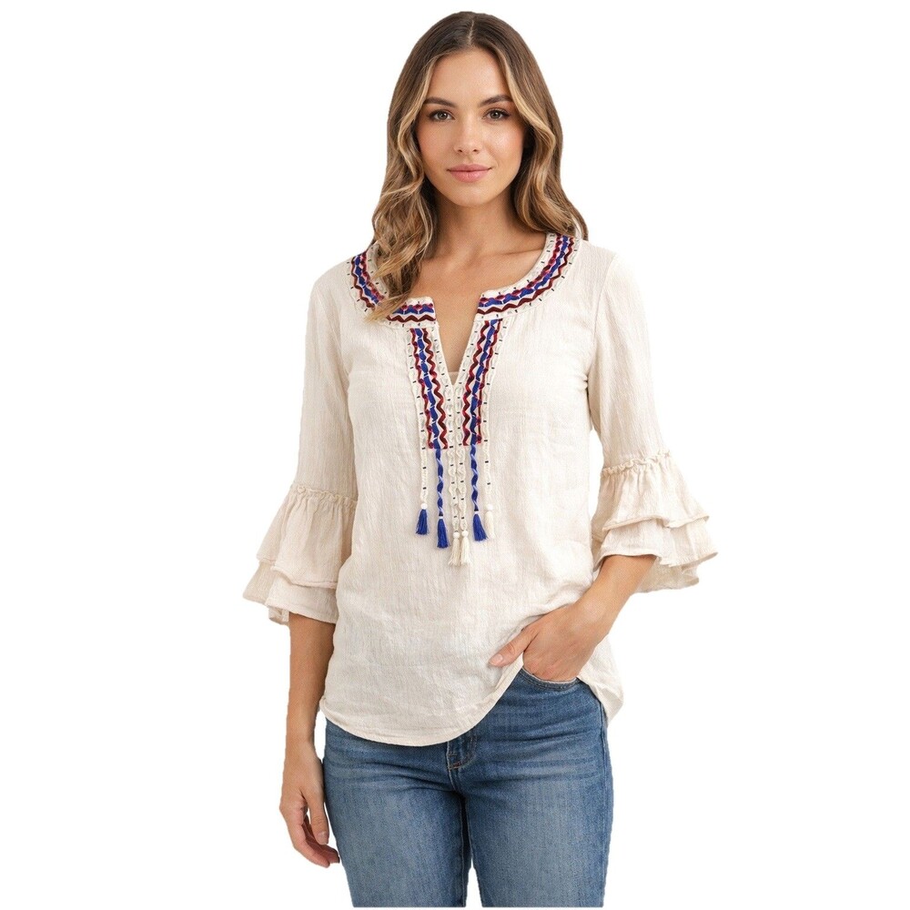 Umgee Embroidered Peasant Boho Blouse Tassel Tie Cream Bohemian Top M